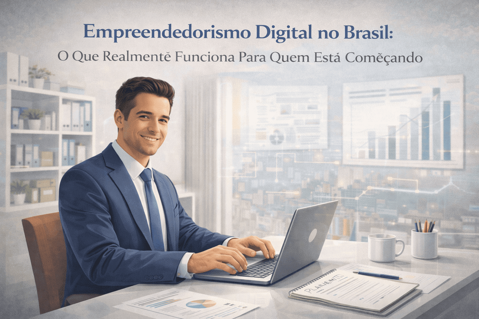 Empreendedor trabalhando em notebook planejando negócio de empreendedorismo digital