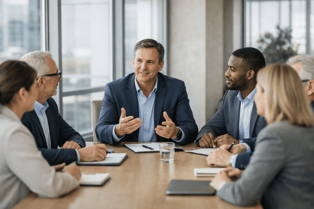 Líder conversando com equipe em reunião de alinhamento