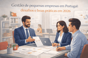 Pequeno empresário português a analisar relatórios financeiros em gestão de pequenas empresas