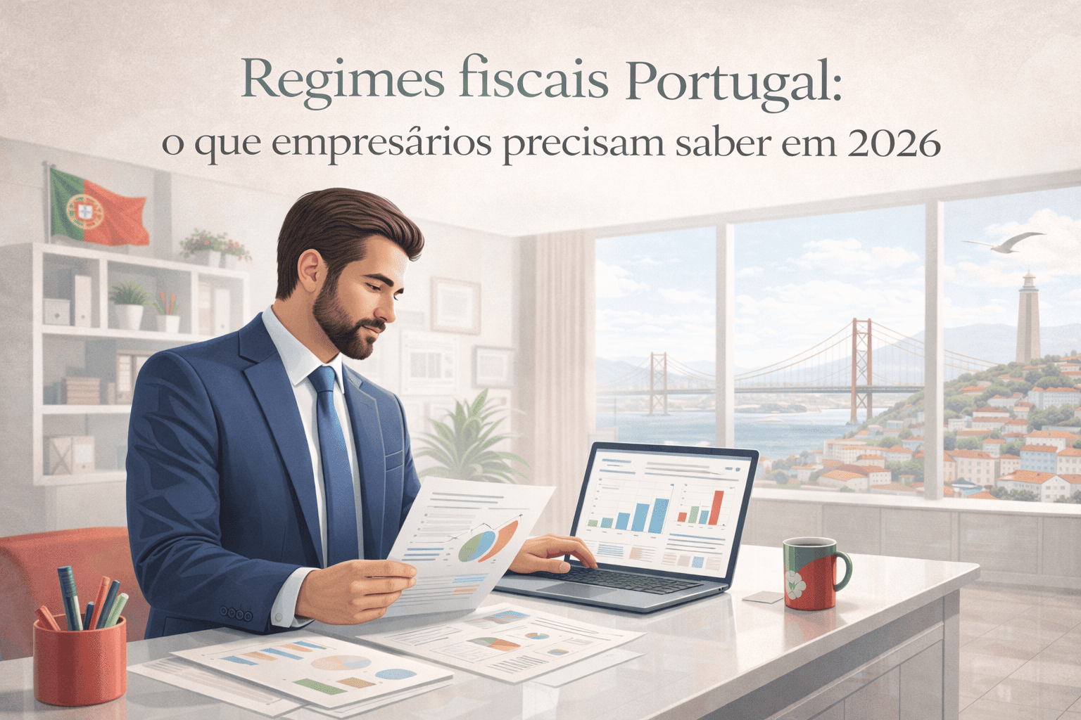 Empresário português a analisar documentos de regimes fiscais no escritório