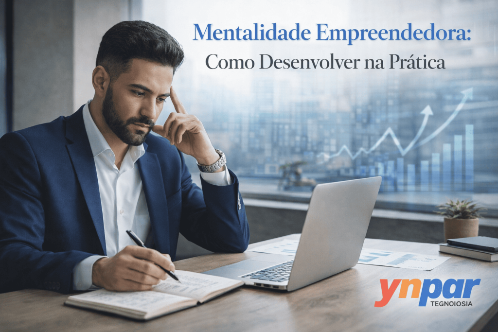 Mentalidade Empreendedora: Como Desenvolver na Prática 1 Empreendedor analisando decisões estratégicas em ambiente de trabalho