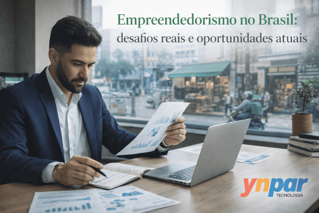 Empreendedor brasileiro analisando plano de negócio em mesa de trabalho