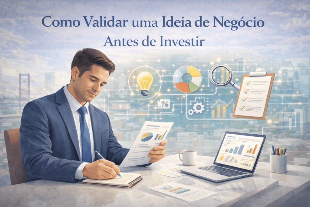 Como Validar uma Ideia de Negócio Antes de Investir Dinheiro 2 Empreendedor analisando ideia de negócio em caderno de planejamento. validar ideia de negócio